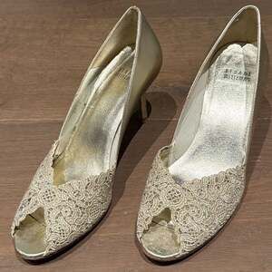 Stuart Weitzman Chantelle Gold Lace Peep-Toe Pumps